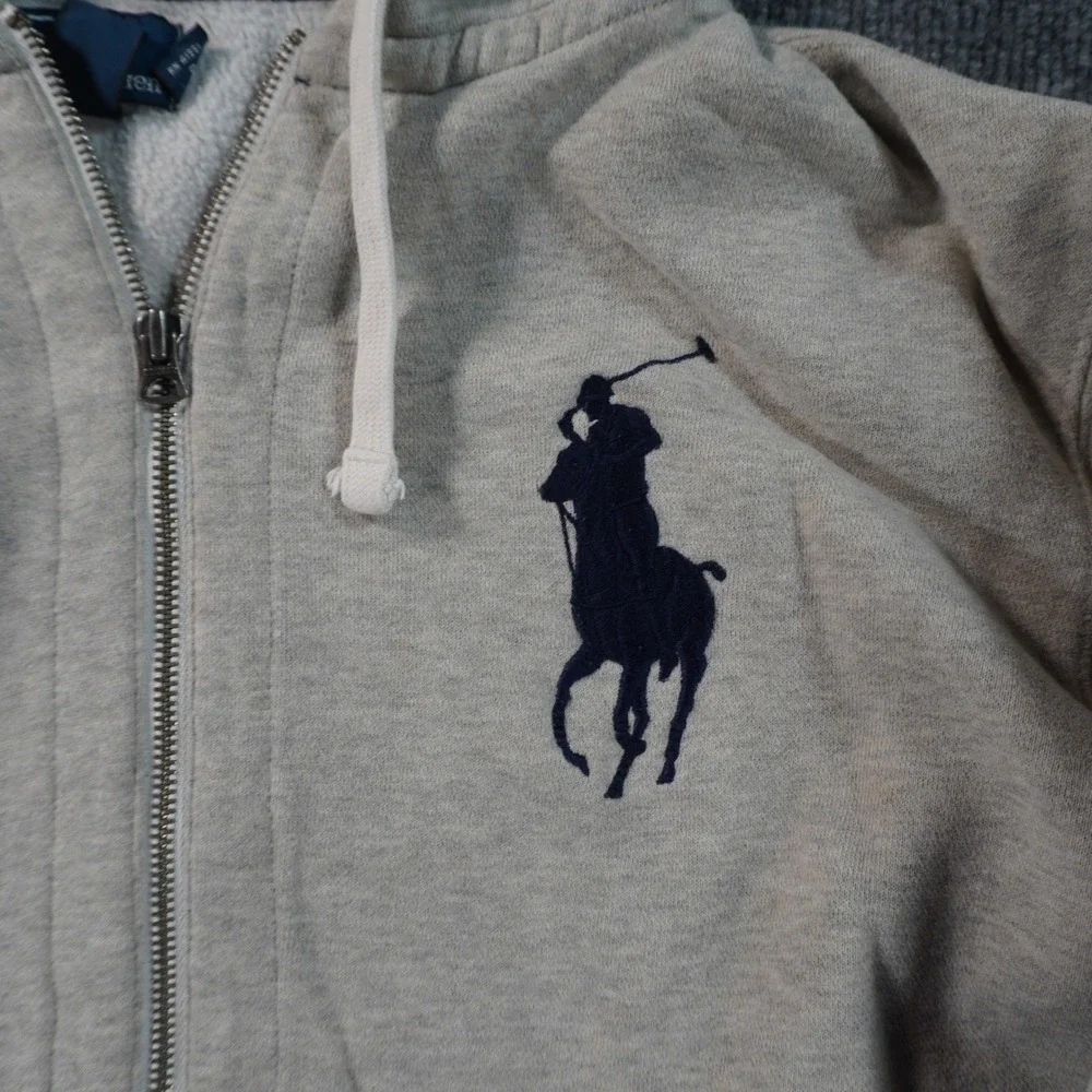 Polo Ralph Lauren Hoodie Mens Large Gray Big Pony Full Zip Sleeve Stripes Logo